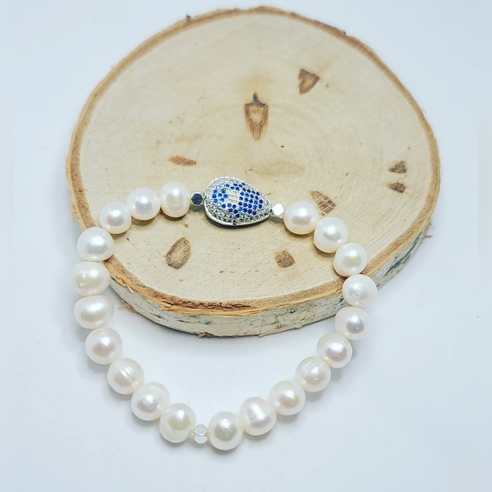Freshwater Pearl Zirconia Stainless steel Hamsa Hand bracelet 9 mm